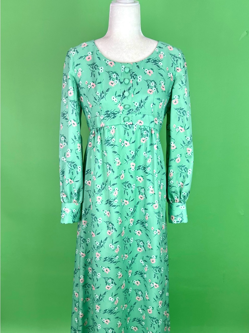 Vintage 70s Pastel Mint Green Pink Floral Empire Waist Maxi Dress - Size Small